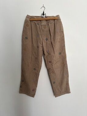 Smiley Embroidered Corduroy Pants - Beige